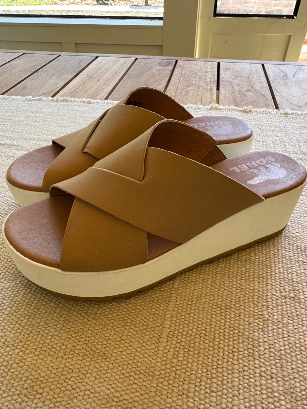 Sorel Leather Crisscross Slide Sandals Tan Camel Wedge Size 8